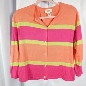 Talbots Womens 16 Petites Pink 100% Silk Striped Crewneck Cardigan Sweater